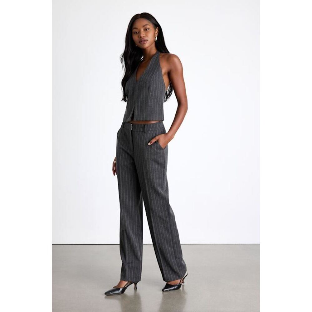 Lulus Thalina Dark Grey Pinstriped Rhinestone Mid-rise Trouser Pants - Size M